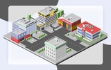 Fototapeta  - Isometric town concept with government buildings set of hospital police fire station vector illustration