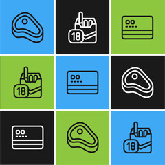 Poster - Set line Steak meat, Credit card and Cigarettes pack box icon. Vector