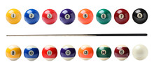 Set With Billiard Balls And Wooden Cue On White Background. Banner Design