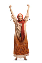 Canvas Print - Full length portrait of a young muslim woman gesturing happiness