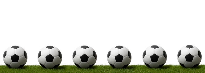 Wall Mural - Soccer balls on green grass.  Professional sport concept. Horizontal sport poster, greeting cards, headers, website