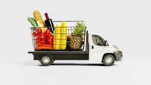 Shopping Cart With Food Delivery Service Background Concept. Shopping Basket With Vegetables Fruits And Food With Wheels Deliver Order.