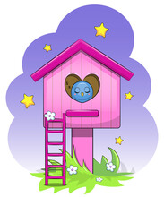 Cute Cartoon Pink Bird House With A Sleeping Bird Inside. Night Vector Illustration On A Blue Background With Stars.