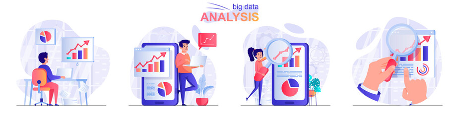Wall Mural - big data analysis concept scenes set. analyst works with statistics, analyzes business data charts, 
