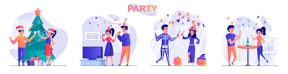 Poster - Party concept scenes set. Couple celebrating christmas, halloween or birthday, man and woman singing in karaoke. Collection of people activities. Vector illustration of characters in flat design