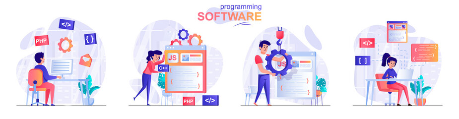 Programming software concept scenes set. Developers create software, different programming languages, test product. Collection of people activities. Vector illustration of characters in flat design