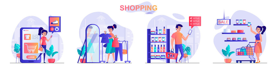 Poster - Shopping concept scenes set. Woman buys clothes online or in store, man buys cosmetics on supermarket shelves. Collection of people activities. Vector illustration of characters in flat design