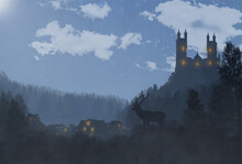 Cartoon Night Mountain Landscape With Silhouettes Of Forest, Houses, Castle