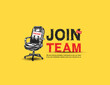 Join our team with sign vacant office chair yellow background. Business recruiting concept with hand drawing style