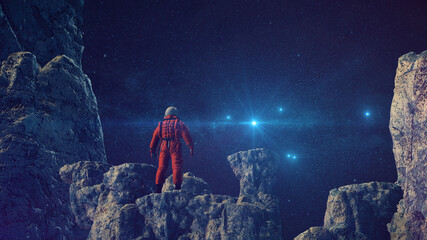 Wall Mural - Astronaut auf Felsen mit Aussicht auf Sternenhimmel | Science Fiction / Retro-Scifi Szene | 3D Render Illustration