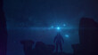 Astronaut auf Felsen mit Aussicht auf Sternenhimmel | Science Fiction / Retro-Scifi Szene | 3D Render Illustration