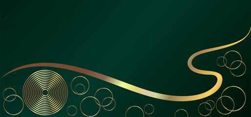 Luxurious green background with a combination of golden flowing lines and circles. Abstract modern background.