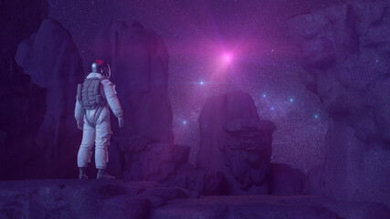 Wall Mural - Astronaut In Dark Rocky Landscape Lookingt Into Starry Sky | Science Fiction / Retrowave / Synthwave | 3D Render Illustration 8K 