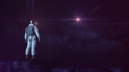 Wall Mural - Astronaut In Dark Rocky Landscape Lookingt Into Starry Sky | Science Fiction / Retrowave / Synthwave | 3D Render Illustration 8K 