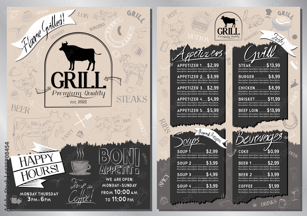 Steakhouse, grill menu template - A4 card (appetizers, grill, soups, drinks) - obrazy, fototapety, plakaty 