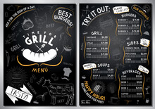 Grill, Barbecue Menu Template - A4 Card (burgers, Grill, Sides, Soups, Drinks)