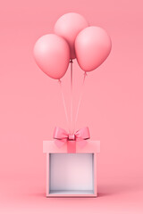 Aufkleber - Blank display gift box booth stand with pink pastel color ribbon bow and sweet pink balloons isolated on pink background with shadow minimal conceptual 3D rendering