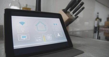 All in one smart home control system app on tablet screen in living room