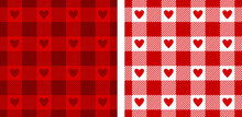 Heart Gingham Patterns In Red, White. Seamless Scottish Tartan Vichy Textured Check Plaid For Dress