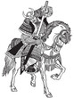 A Japanese samurai rider sitting on horseback, wearing medieval leather armour and holding a katana sword. Asian Cavalry Warrior. Medieval East Asia soldier riding a pony horse.Black and white vector