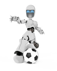 robot girl is playng football in white background