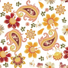 flowers, leaves and paisley on white background. beautiful seamless pattern with oriental motifs. pr