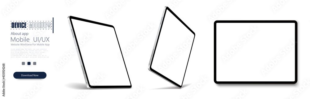 Tablet frame less blank screen, rotated position. Tablet from different angles. Mockup generic device set. . UI/UX Template for infographics or presentation 3D realistic graphics tablet. - obrazy, fototapety, plakaty 