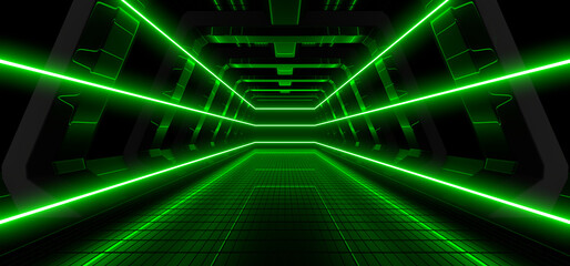 Wall Mural - sci fy neon lamps in a dark corridor. reflections on the floor and walls. 3d rendering image.