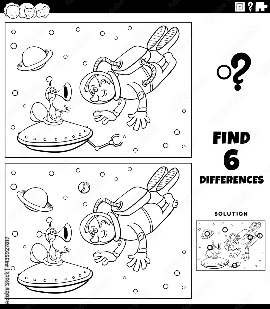 differences game with astronaut and alien coloring book page Stock ...