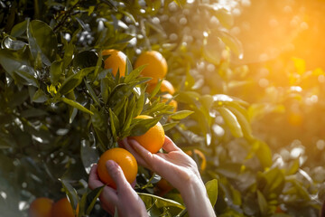 Women's hands pick juicy tasty oranges from a tree in the garden, harvesting on a sunny day.