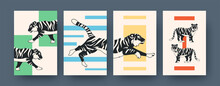 Set Of Contemporary Art Posters With Tiger Pattern. Vector Illustration. .Collection Of Running, Sitting, Lying Tiger In Flat Design. Africa, Animal, Wildlife, Cat, Jungle Concept For Media Design