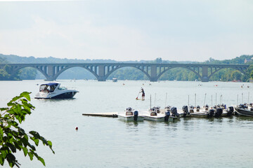 Boats and Key Bridge over Potomac River in Washington DC United States of America