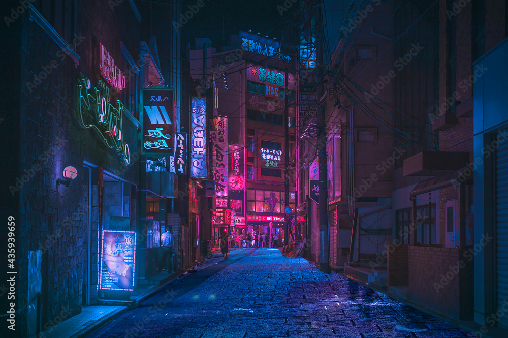 neon lights streets at night asian street, china. Taiwan. japan street  - obrazy, fototapety, plakaty 