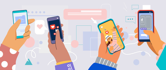 Hands holding smartphones. Social network communication on mobile app. New chat messages notification on mobile phone. Mobile application concept. Vector flat cartoon illustration.