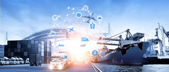 World map with logistic network distribution on background. Logistic and transport concept in front Container Cargo freight ship for Concept of fast or instant shipping, Online goods orders worldwide