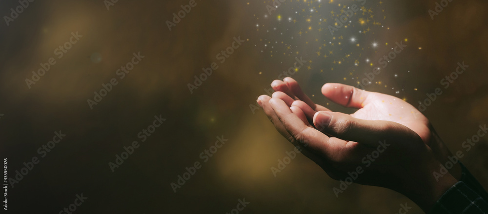 Human hands open palm up worship with faith in religion and belief in God on blessing background.Christian Religion concept background. - obrazy, fototapety, plakaty 
