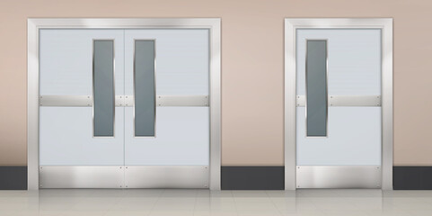 Wall Mural - Empty corridor with double doors to laboratory, hospital room or restaurant kitchen. Vector realistic interior of hall in medical clinic, waiting area or lobby with metal doors to lab