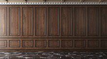 Classic Luxury Empty Room With Wooden Boiserie On The Wall. Walnut Wood Panels, Premium Cabinet Style. 3d Illustration
