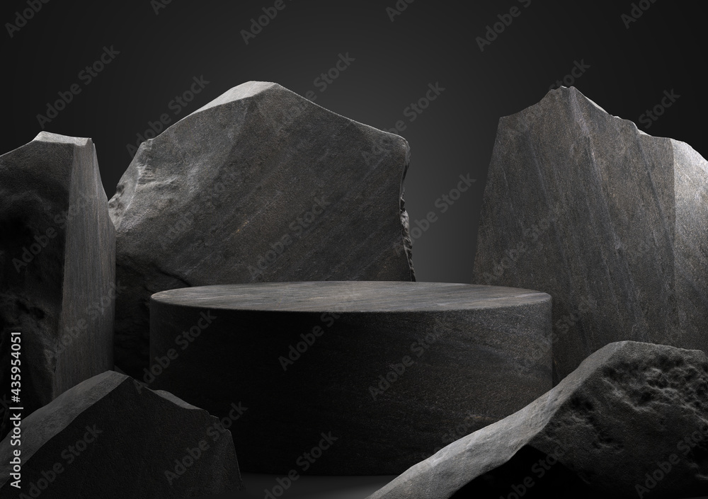 Black stone podium for display product. 3d illustration - obrazy, fototapety, plakaty 