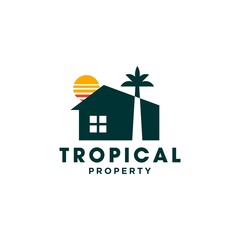 house with palm tree and sun logo vector, tropical beach home or hotel icon design illustration