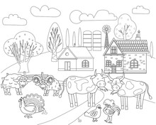 Farm Animals Coloring Book Educational Illustration For Children. Set Cute Cow, Buffolo, Sheep, Rooster, Rural Landscape Colouring Page. Vector Black White Outline Cartoon Characters