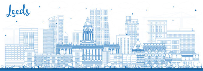 Wall Mural - Outline Leeds UK City Skyline with Blue Buildings.