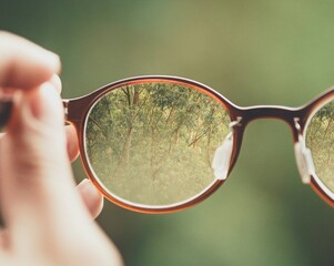 My nature view. Close up of optical glasses in the forest. Nature though eyeglasses.