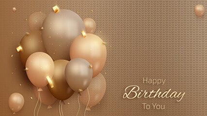 Happy birthday card with luxury balloons and ribbon. 3d realistic style. vector illustration for design.