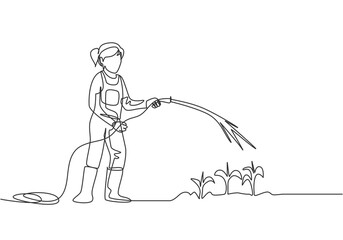 Wall Mural - Continuous one line drawing young female farmer standing on farm field while watering the plants using a hose. Farmer planting activities concept. Single line draw design vector graphic illustration.