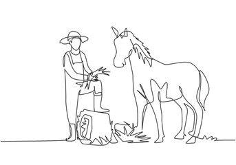 Wall Mural - Single continuous line drawing young male farmer stomped one of its feet into the curled hay as it was about to feed the horse. Minimalism concept. One line draw graphic design vector illustration.