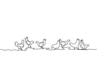 Wall Mural - Single continuous line drawing of several chickens were playing in the fields while looking for food. Successful farming minimalism concept. Dynamic one line draw graphic design vector illustration