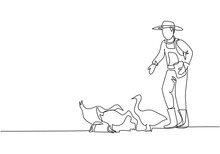 Continuous One Line Drawing Young Male Farmer Is Feeding The Geese To Be Healthy And Produce The Best Eggs And Meat. Farming Minimalist Concept. Single Line Draw Design Vector Graphic Illustration.