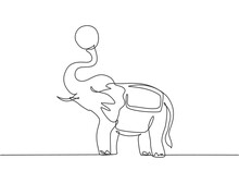 Single One Line Drawing Of An Elephant Stands Playing A Ball At The End Of Its Trunk. The Circus Audience Was Amazed By The Show. Modern Continuous Line Draw Design Graphic Vector Illustration.
