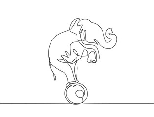 Wall Mural - Continuous one line drawing a trained elephant stands on the ball with its forelegs raised. Very good performance and successful circus show. Single line draw design vector graphic illustration.